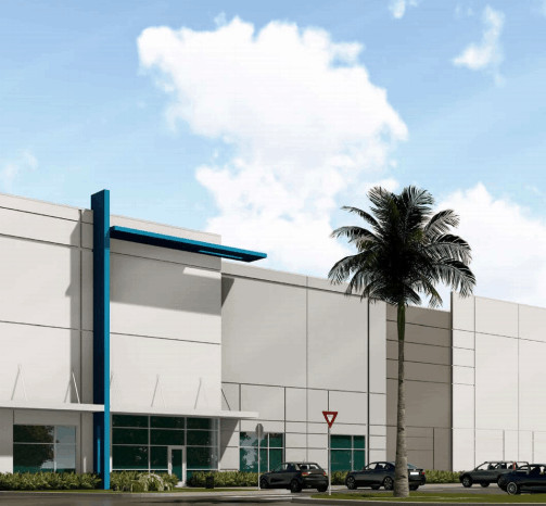 Outside Mid-Florida Logistics Park with white and blue exterior
